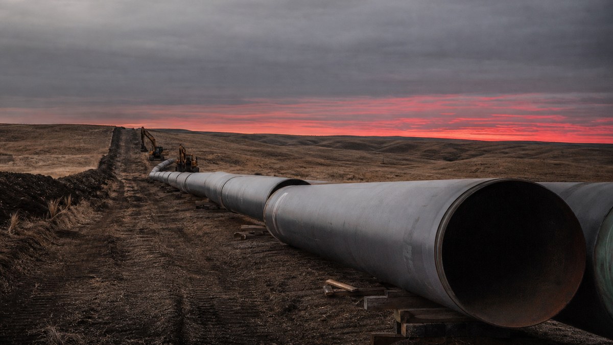Large-diameter natural gas pipe strung along a right-of-way across the North Dakota prairie for the Bakken East pipeline