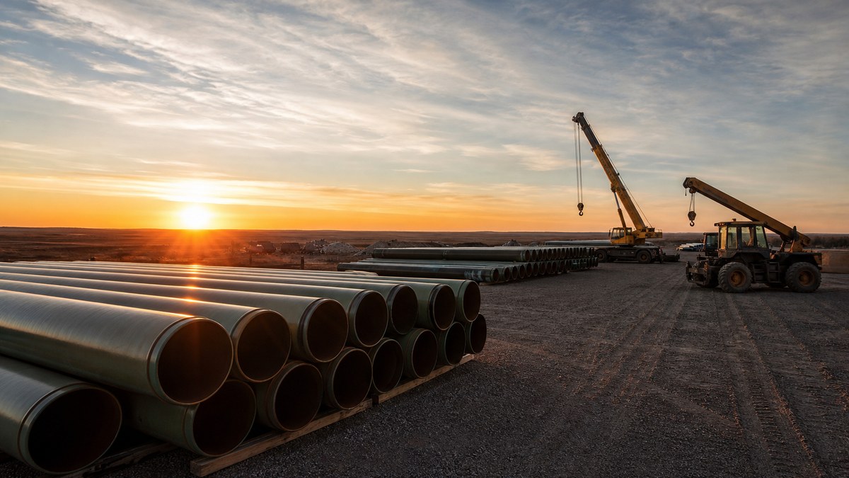 Stacks of large-diameter natural gas pipe at a pipe yard on the North Dakota prairie at sunrise