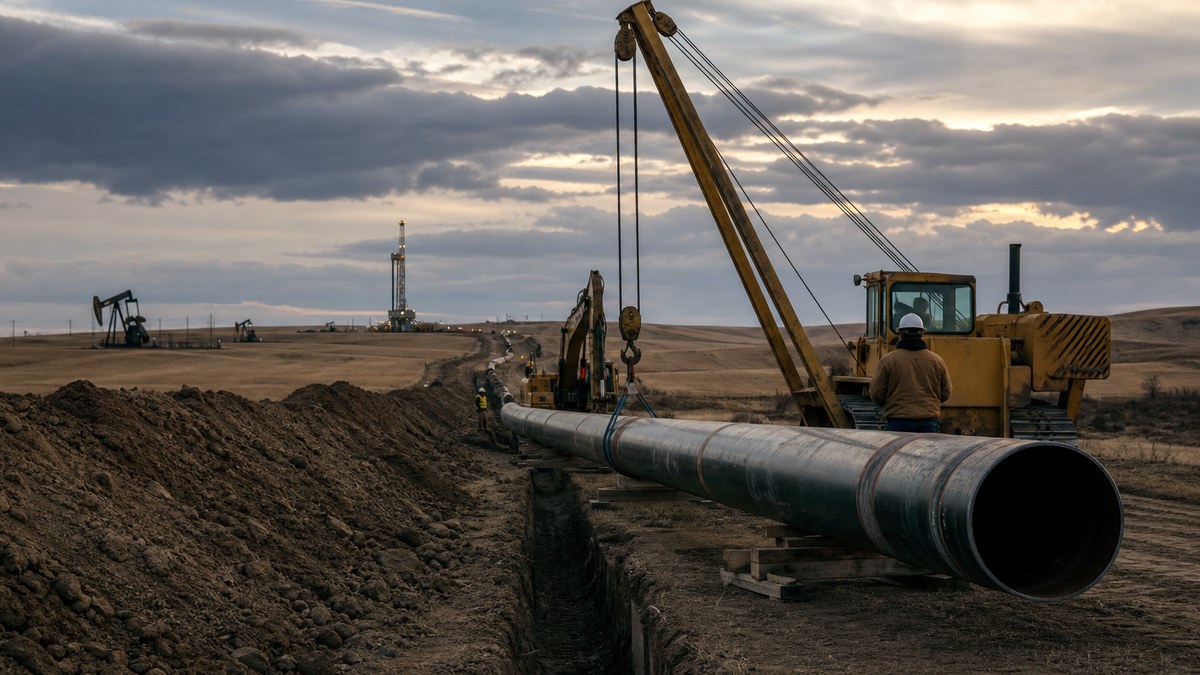 Natural gas pipeline construction crossing the North Dakota prairie in the Bakken