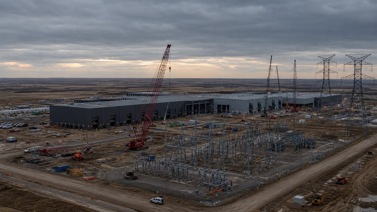 AI data center campus under construction on the open plains of North Dakota with transmission lines