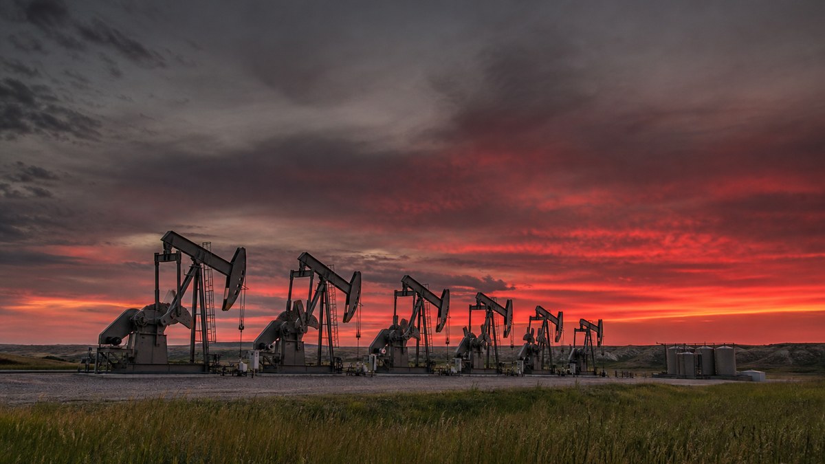Row of pumpjacks on a large multi-well pad on green North Dakota prairie at dusk in summer